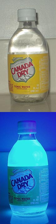 Check out the difference in appearance of tonic water under normal light and black light