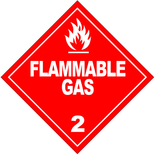 This is a hazardous materials sign warning of flammable gas in the area. It has writing in large capital letters and a white graphic showing the flames that could possibly ensue if appropriate caution is not adhered to.