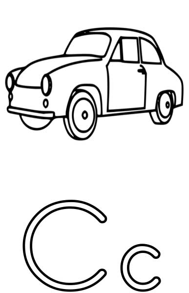 This coloring page for kids features the letter C and a car.