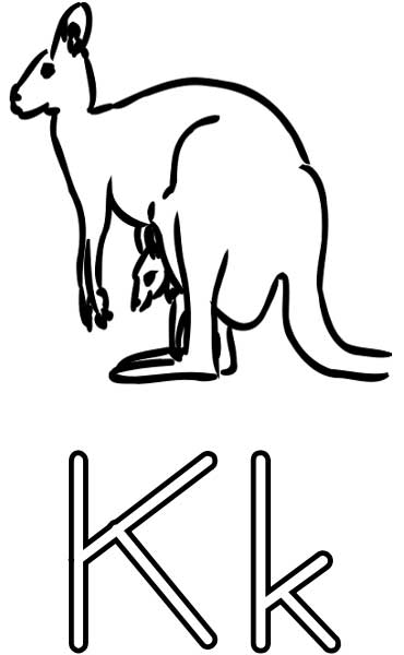 This coloring page for kids features the letter K and a kangaroo.