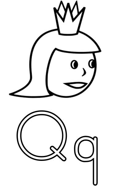 This coloring page for kids features the letter Q and a queen.