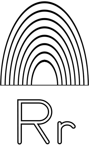This coloring page for kids features the letter R and a rainbow. 