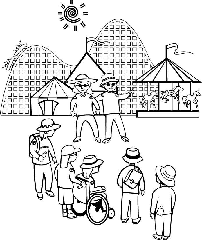 This coloring page features a family enjoying the fun and excitement of an amusement park. The sun is shining in the background behind a huge roller coaster.