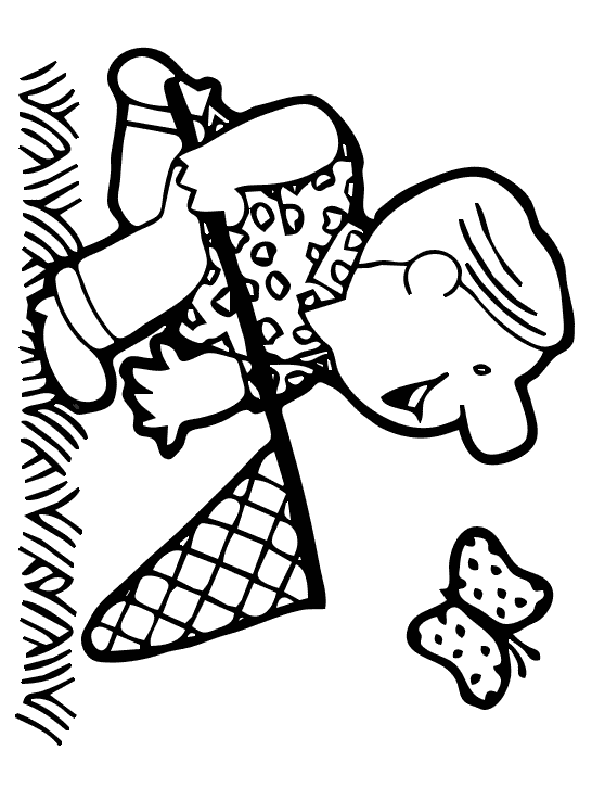 This coloring page for kids features a happy boy with a net in his hand chasing after a butterfly in the hope of catching it.