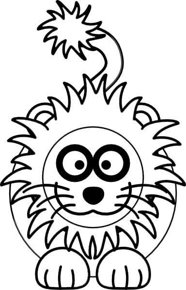 This coloring page for kids features a front on picture of a cute lion with a furry mane and a big smile.