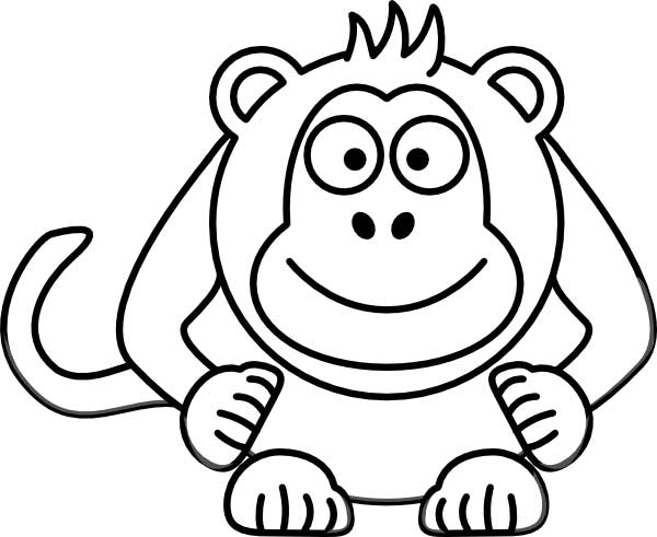 This coloring page for kids features a front on picture of a cute monkey with a long tail and a big smile.