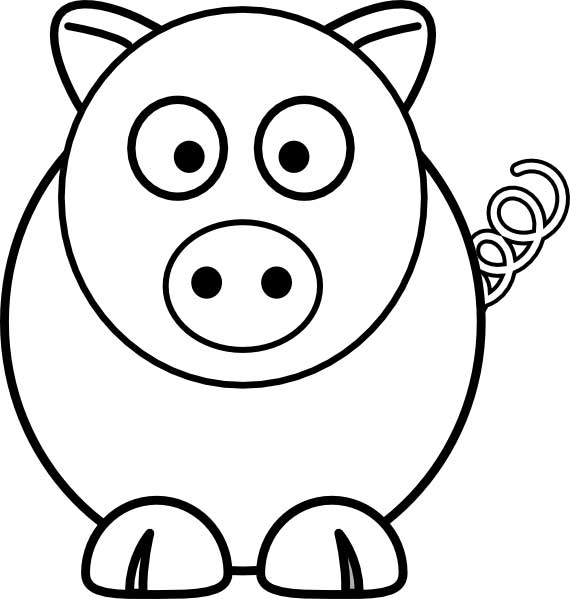 This coloring page for kids features a front on picture of a cute pig with a curly tail and a round snout.