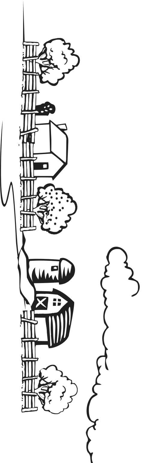 This coloring page for kids features a farm, barnyard and trees. A fence lines the front of the farm while clouds can be seen at the top of the picture.