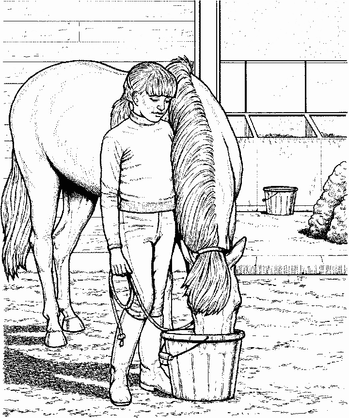 This coloring page for kids features a young girl feeding a horse from a bucket.