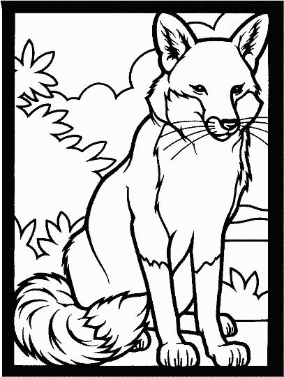 This coloring page for kids features a fox with large ears and a big, bushy tail.