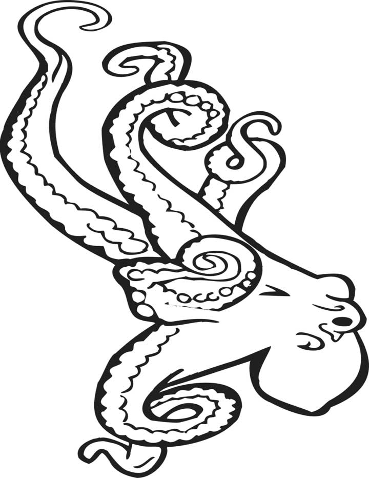 This coloring page for kids features a large octopus with long tentacles.