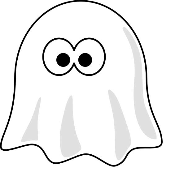 This coloring page for kids features a cartoon ghost with large eyes that is covered by a white sheet.