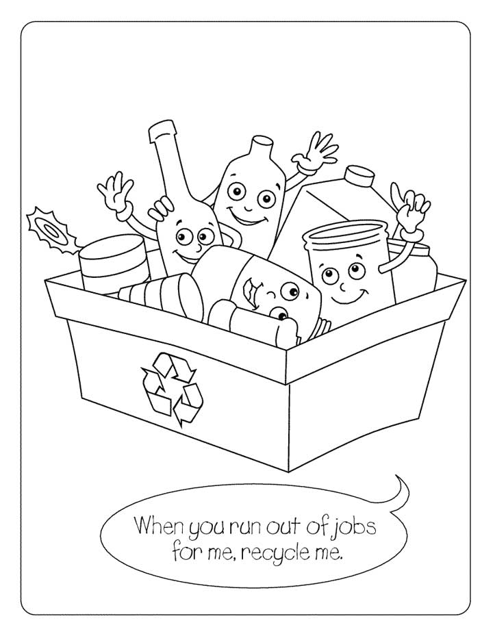 This coloring page for kids features a recycling bin full of cans, bottles, glass jars and plastic containers.