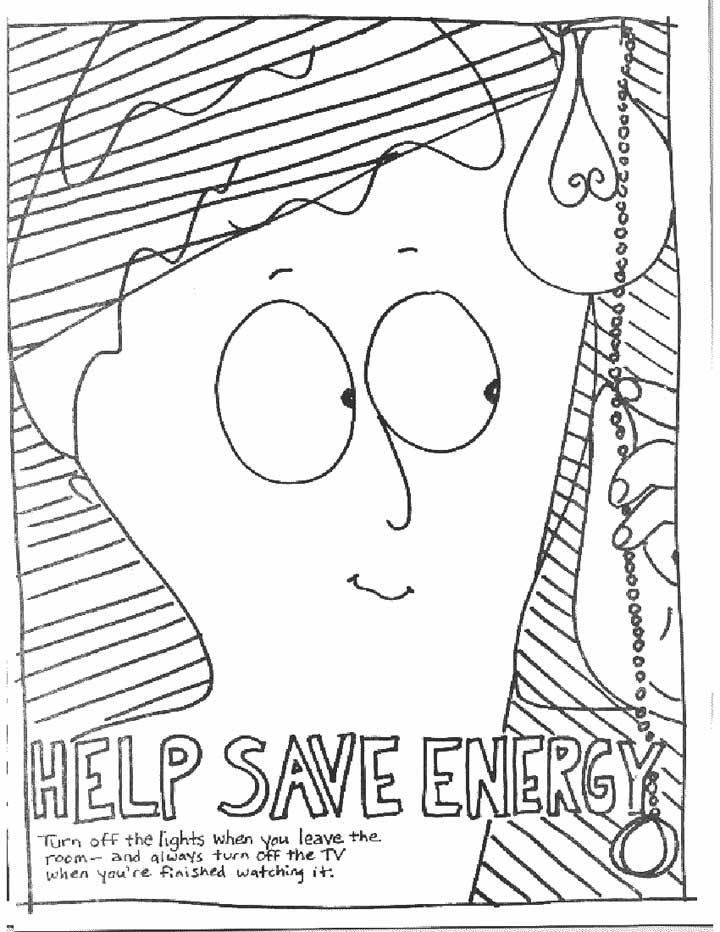 This coloring page for kids focuses on saving energy by turning off lights when you leave the room and remembering to turn off the tv when you've finished watching it.