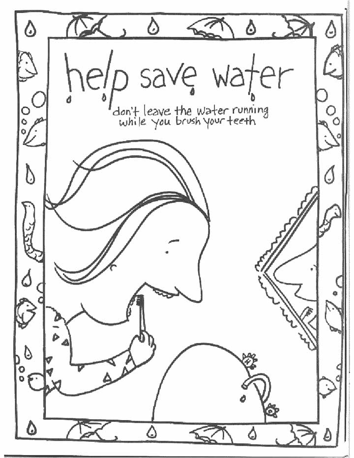 This coloring page for kids focuses on saving water by turning the tap off while you brush your teeth.