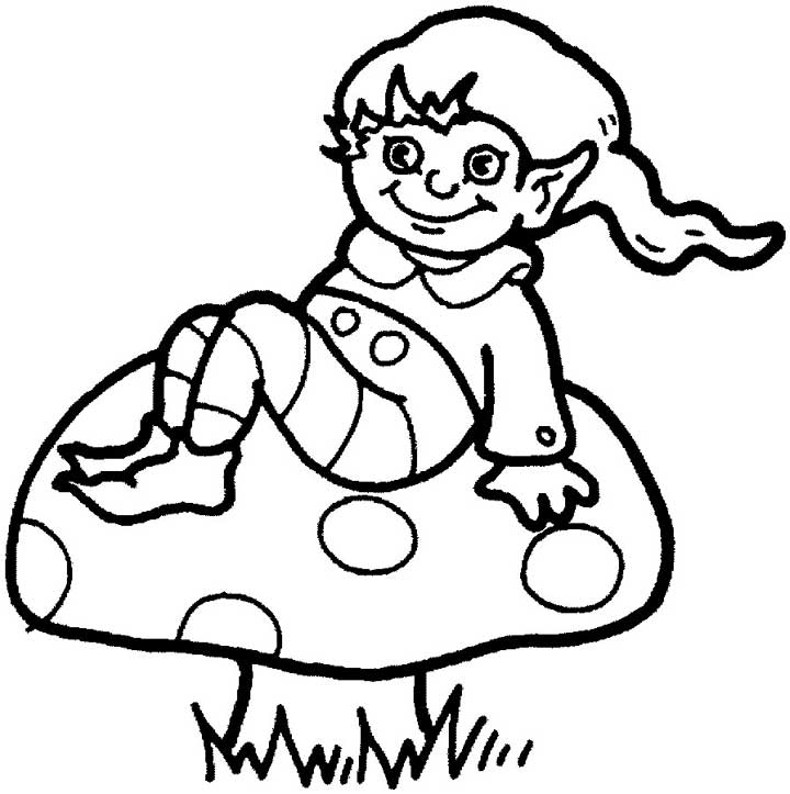 This coloring page features a cute looking elf sitting on a mushroom. The elf is wearing a hat and other typical elf clothes.