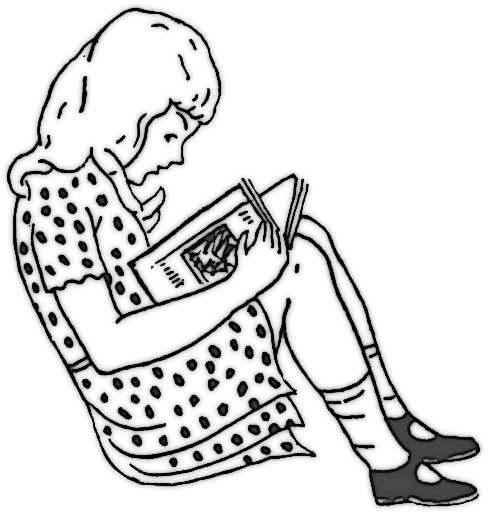 This coloring page features a girl wearing a polka dot dress reading a book.