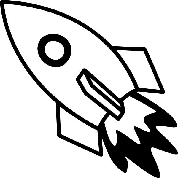 This coloring page for kids features a rocket as it blasts off into space.
