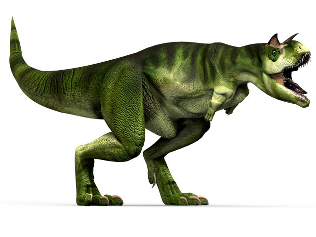 This CGI drawing shows the possible appearance of Carnotaurus, a dinosaur that lived at the end of the Cretaceous Period (around 66 million years ago). Carnotaurus was a meat eating dinosaur (carnivore) with small arms and fingers that did not move.