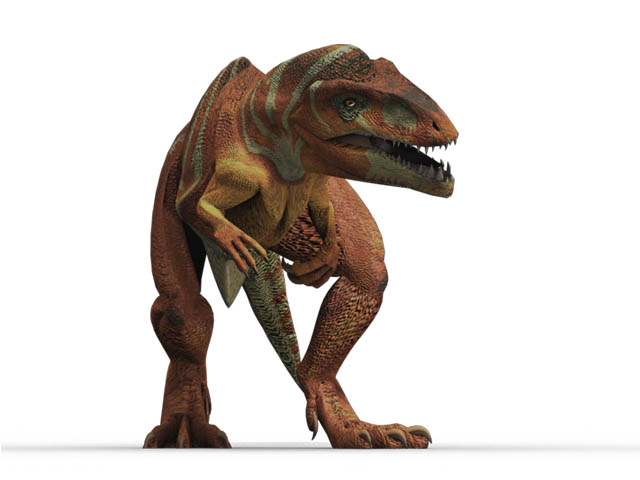 This CGI drawing shows the possible appearance of Giganotosaurus, a dinosaur from the late Cretaceous Period (around 100 million years ago). Giganotosaurus was a carnivore (meat eater) that was even bigger than the more well known Tyrannosaurus rex. Its name means 'giant southern lizard'.