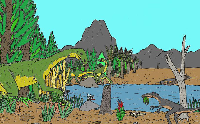 This drawing shows what life might have looked like for dinosaurs during the late Triassic Period. The late Triassic Period stretched from 228 million years ago until 200 million years ago. Many of the first dinosaurs, such as the Plateosaurus, evolved during this time period.