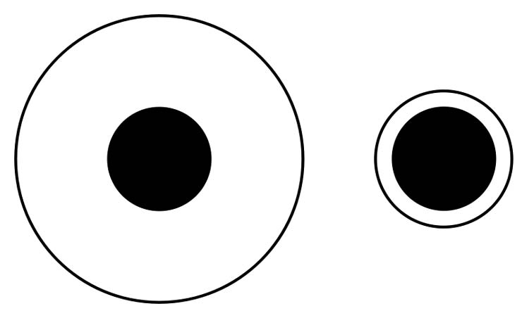 This image is an example of the Delboeuf illusion that relates to relative size perception. The black circle on the right appears bigger than the black circle on the left because of the distance to the rings that surround them. A distant surrounding ring makes the inner circle look smaller relative to an inner circle with a closer surrounding ring. 