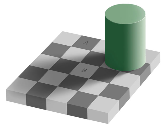 This grey square optical illusion is known as a same color illusion. While they look like different shades of grey, squares A and B are actually the same shade. It’s hard to believe but it can be proved by sampling the colors in an image editing program such as Photoshop.