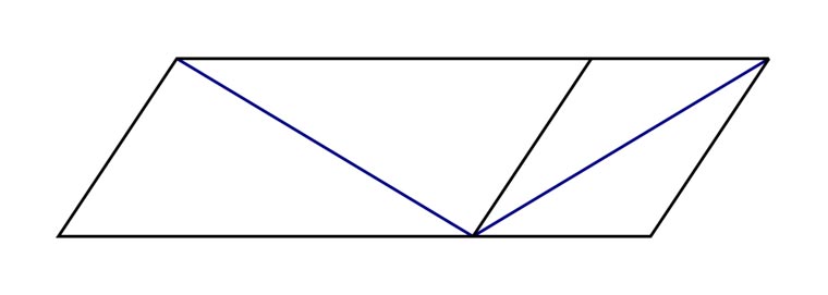 This optical illusion is known as the Sander illusion, or Sander parallelogram. While one of the blue lines appears to be longer than the other, they are in fact both exactly the same length.