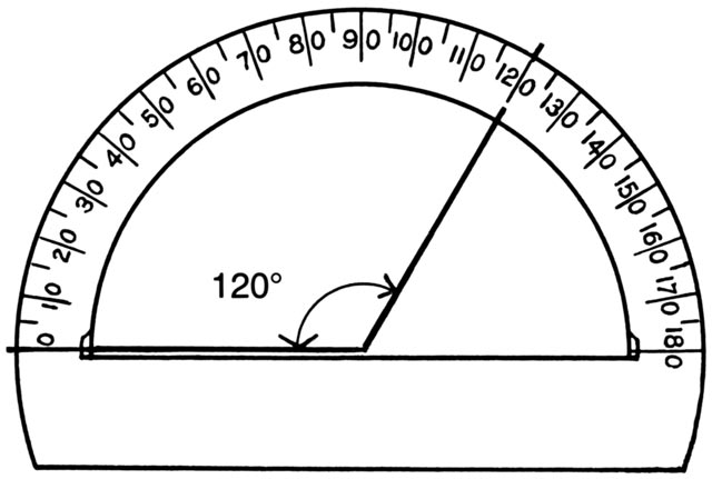 This picture shows a drawing of a protractor. The angle displayed shows 120 degrees.