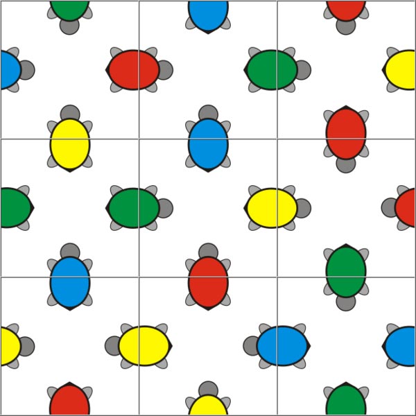 This picture shows nine puzzle pieces put together to complete a puzzle. The puzzle features turtles with different colors.