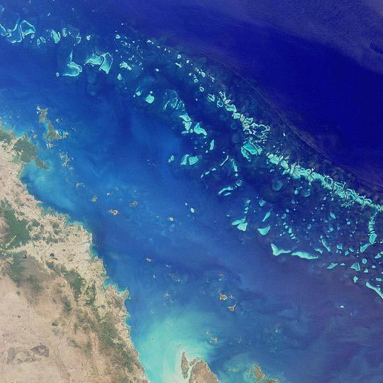 This beautiful satellite image shows the Great Barrier Reef in Australia. The Great Barrier Reef is the world's largest reef system and also the world's largest living structure. It is located off the coast of north-eastern Australia.