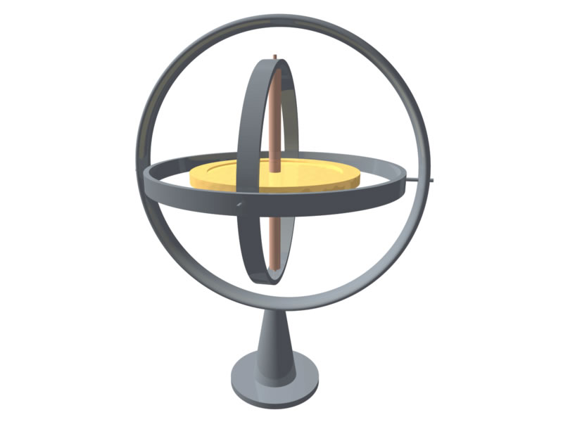 A computer generated image of a gyroscope. The outer ring supports to free spinning inner rings and a disc at the center. The gyroscope stands on a supporting base which holds it upright.