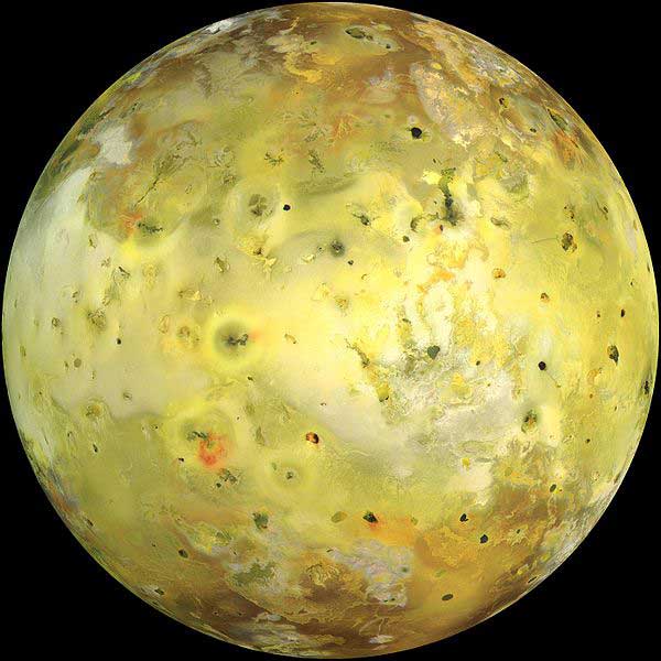This is an image of Io, one of the moons of Jupiter. Discovered by Galileo Galilei in 1610, it is the fourth largest moon in the Solar System and features over 400 active volcanoes.