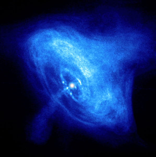 A Hubble Space Telescope photo of a rapidly spinning neutron star, also known as a pulsar.