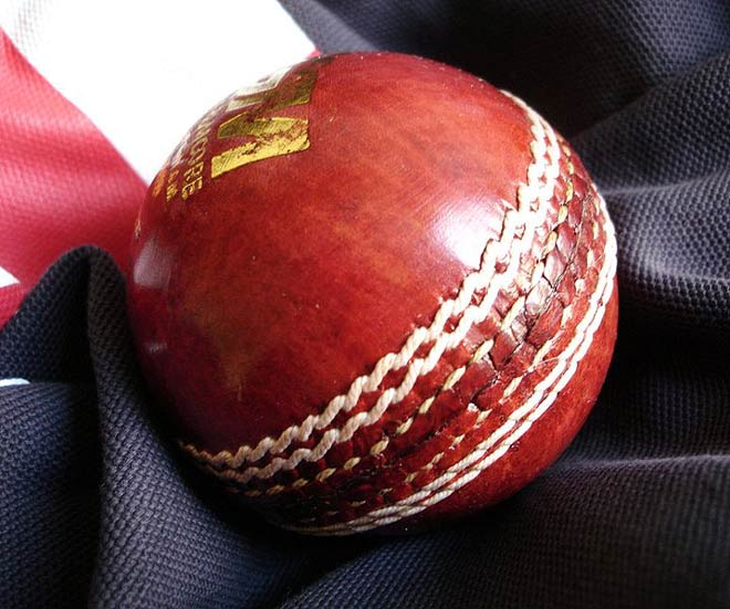 This photo is of a red leather cricket ball with a white seam.