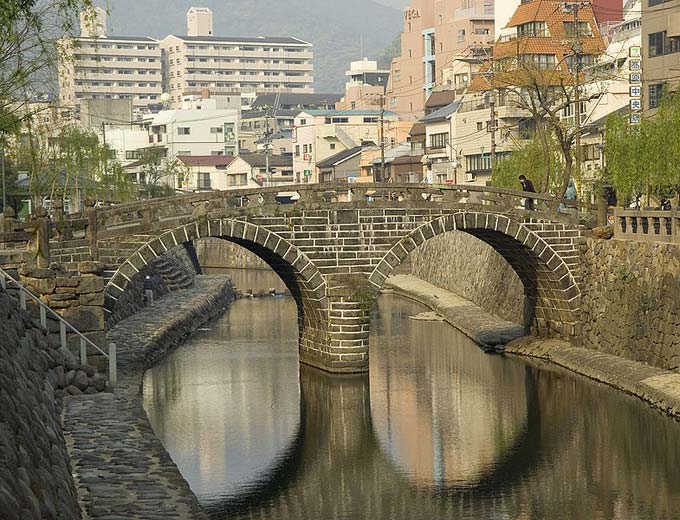 This double arch stone bridge in Japan is known as the Eyeglasses, or Spectacles Bridge because of its unique design. It is located in Megane-bashi, Nagasaki, Japan.