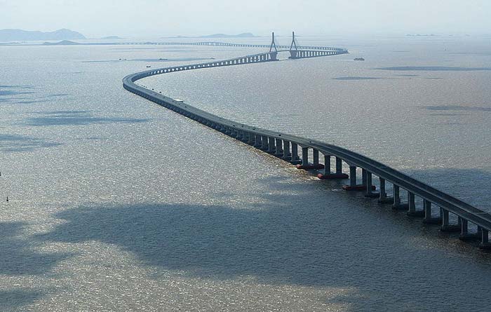 The Donghai Bridge in China is one of the longest bridges in the world. Opened in 2008, it connects Shanghai and the Yangshan deep water port. Its incredible length can be seen in this photo.