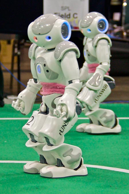 This photo shows two Nao robots performing at an exhibition. Nao is a humanoid robot made by Aldebaran Robotics. It is used in RoboCup competitions and can complete complex dance routines.