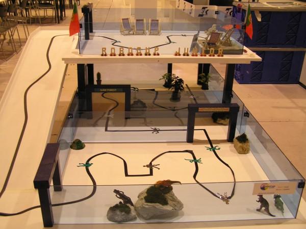 This photo shows a Robocup Junior robotics course designed to challenge students to create a robot capable of completing the course with in a given time limit. The key element to this challenge is in the robots ability to effectively follow the black line at a good speed.