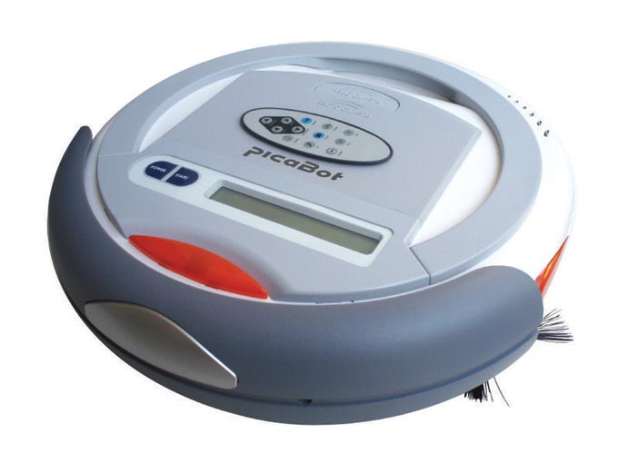 This photo shows a picaBot robot vacuum cleaner. These cool looking robots clean, sweep and vacuum floors while running on rechargable batteries.