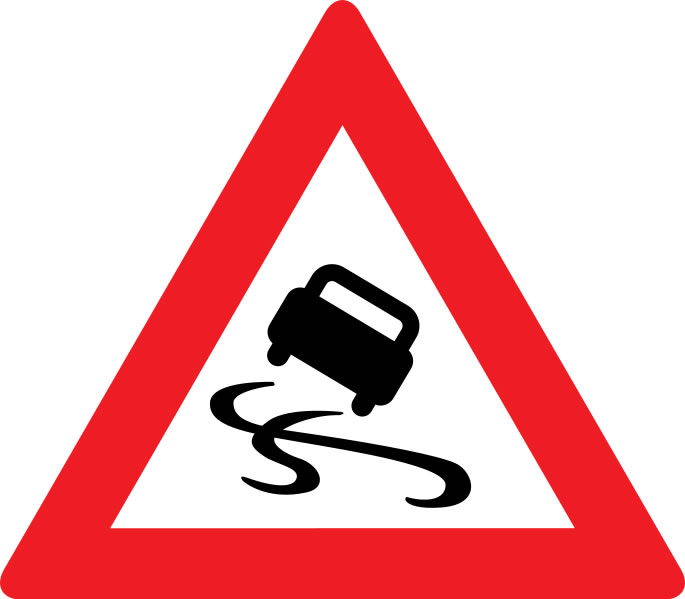 This slippery surface warning sign is used to alert drivers of an impending danger that could end in an accident. The inside of the sign shows a car slipping around on a surface such as ice while the outside is framed by a large red triangle.