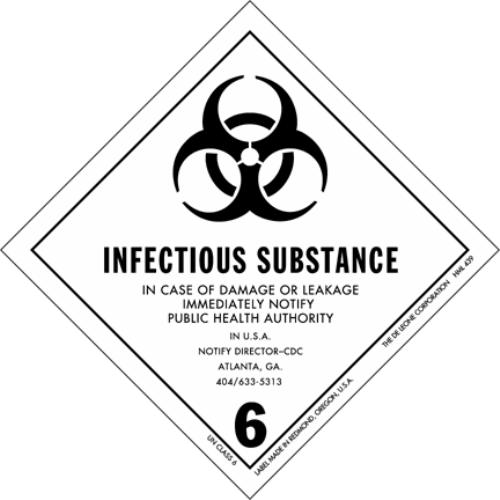 This picture is a biohazard infectious substance warning sign that states that in case of damage or leakage people should immediately notify a public health authority.