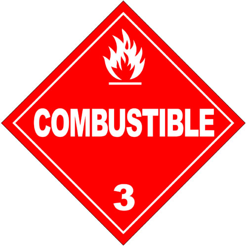 A commonly used hazardous materials sign which alerts those nearby of the existence of potentially combustible materials. The sign is in red with white writing and graphics.