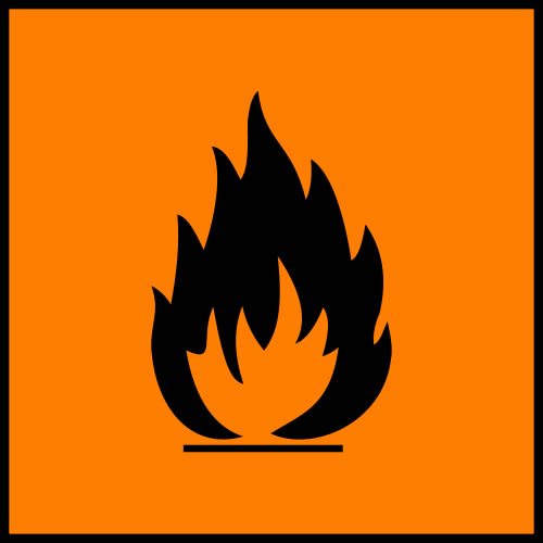 This orange and black picture is used to bring clear attention to the highly flammable materials in the area. The graphic in the middle shows a large flame.