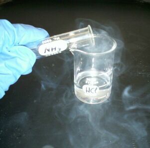 This photo shows a well protected lab technician pouring highly concentrated hydrochloric acid ammonia into a beaker.