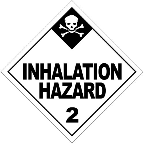 This hazardous substances sign warns against a potentially dangerous inhalation hazard. The words are in large black writing while there is a white skull and cross bones in the top corner.