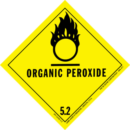 This hazardous substances sign warns of potentially dangerous organic peroxide oxidizing agent. The writing and graphic are in black while the background is a bright yellow.