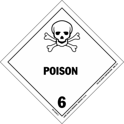 This hazardous materials sign warns against poisonous substances. The word poison is written in large black letters while the always intimidating skull and cross bones image can be seen above.