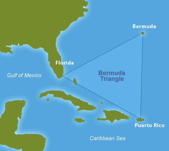This image is a Bermuda Triangle map, locating the area where many mysterious incidents have reportedly occurred. It is found between Bermuda, Florida and Puerto Rico. For more information, check out our Bermuda Triangle mysteries, theories and facts.