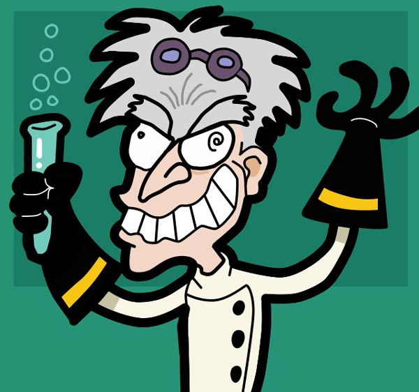 This picture features a mad scientist holding a bubbling test tube while grinning manically.